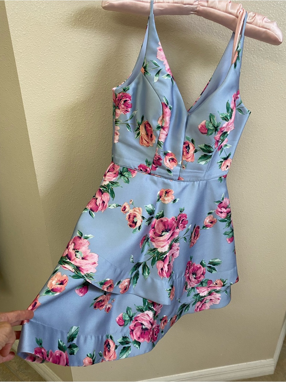 Teeze Me Light Blue Floral Asymmetrical Slip Dress with Pink Roses